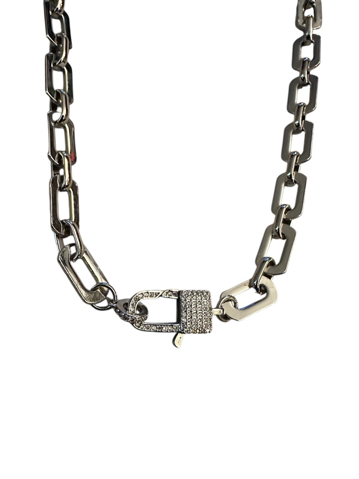 Paper Clip Style Silver Tone Links Rhinestone Lock Clasp Necklace Marked