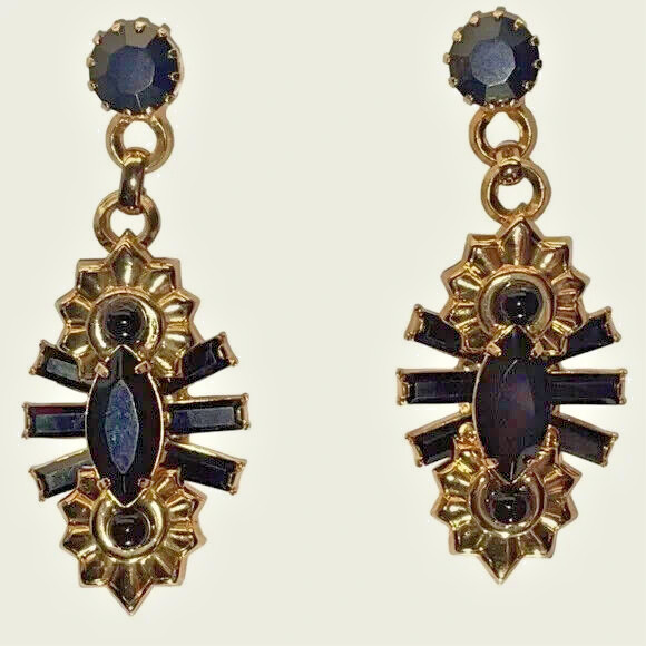 $250 ELIZABETH COLE Jet Crystal Art Deco Drop Marquise Shaped Pierced Earrings