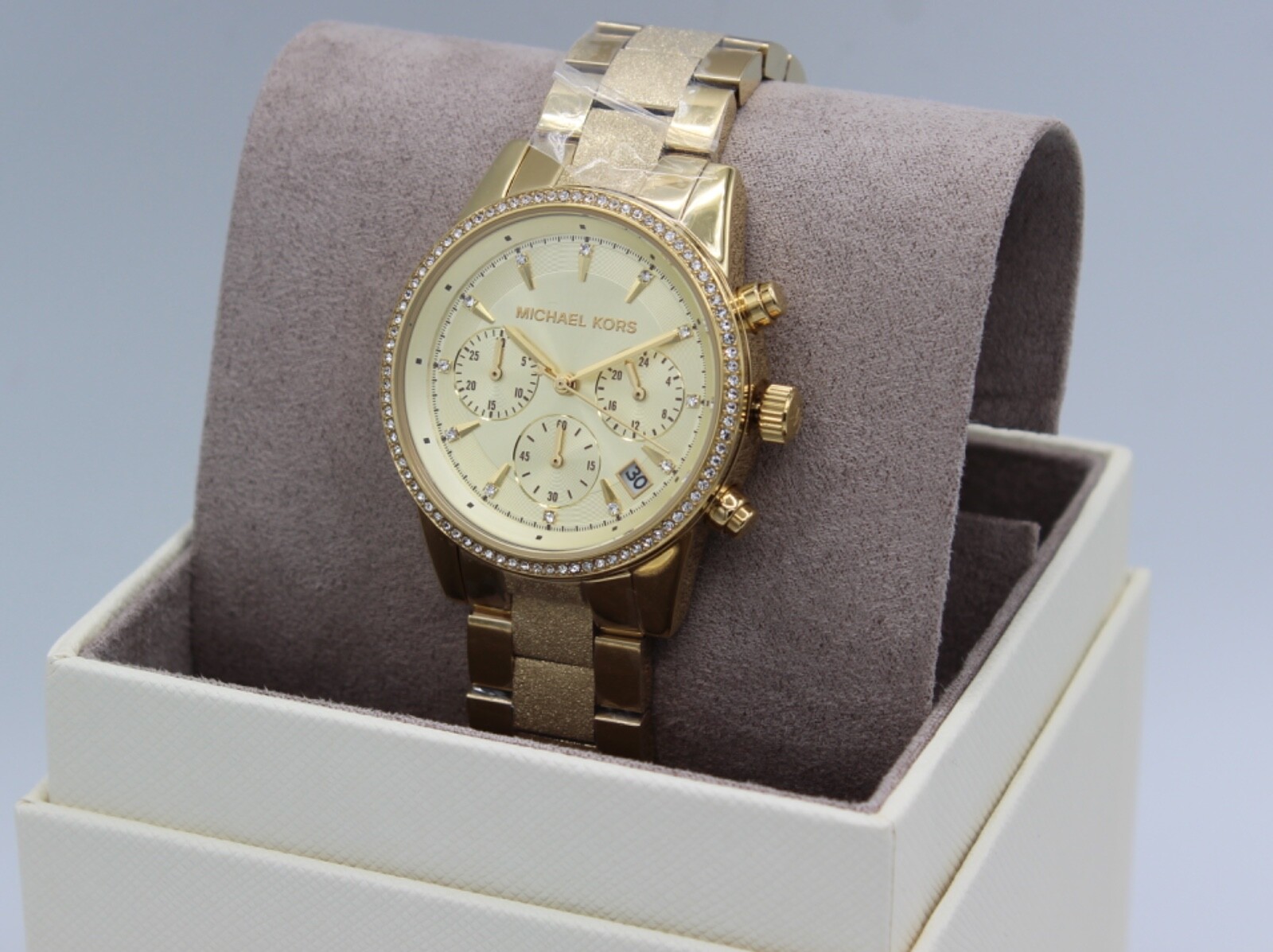 NEW AUTHENTIC MICHAEL KORS RITZ GOLD CRYSTAL CHRONOGRAPH WOMEN’S MK6597 WATCH