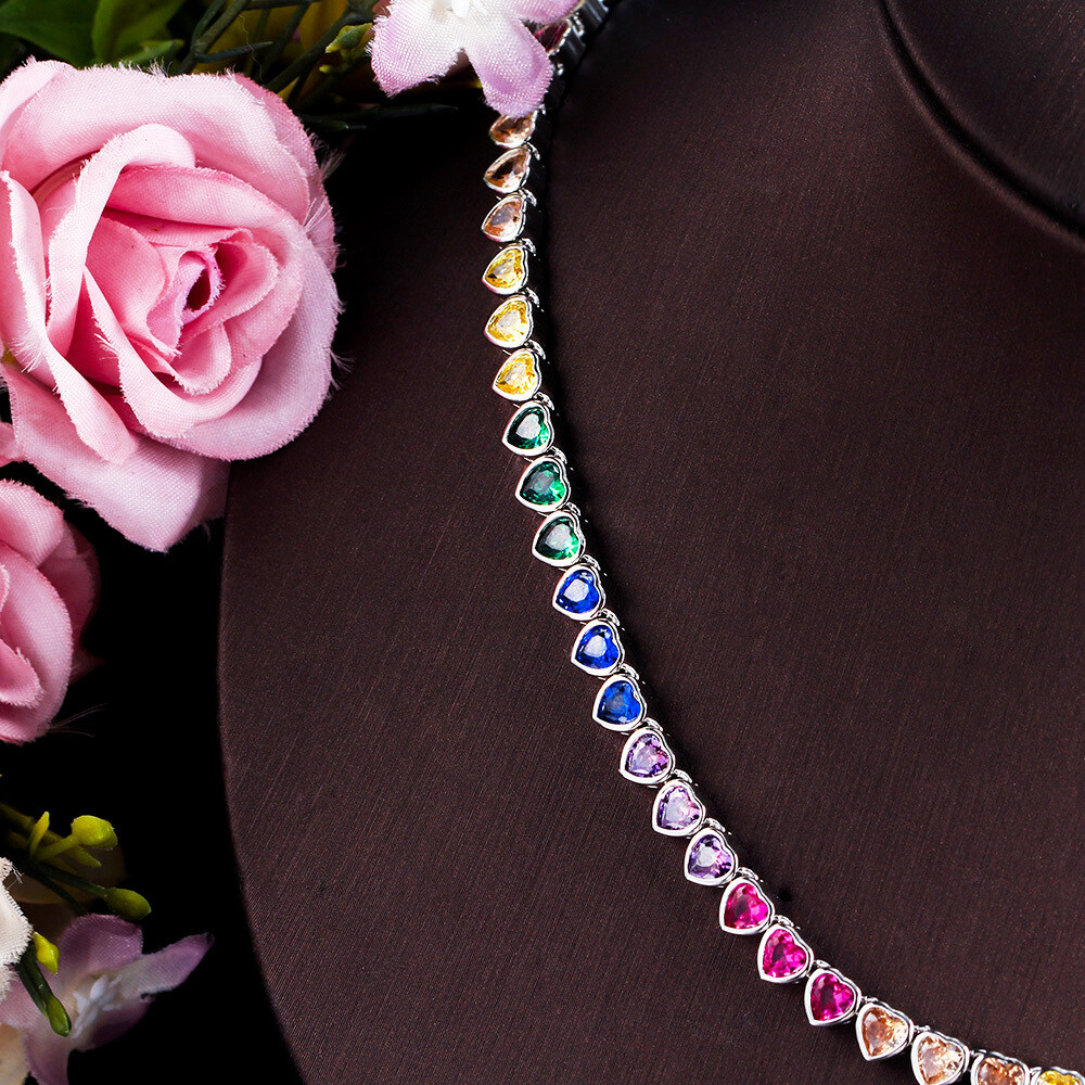 Gold Plated Rainbow Cubic Zircon Heart Tennis Necklace for Women Wedding Jewelry