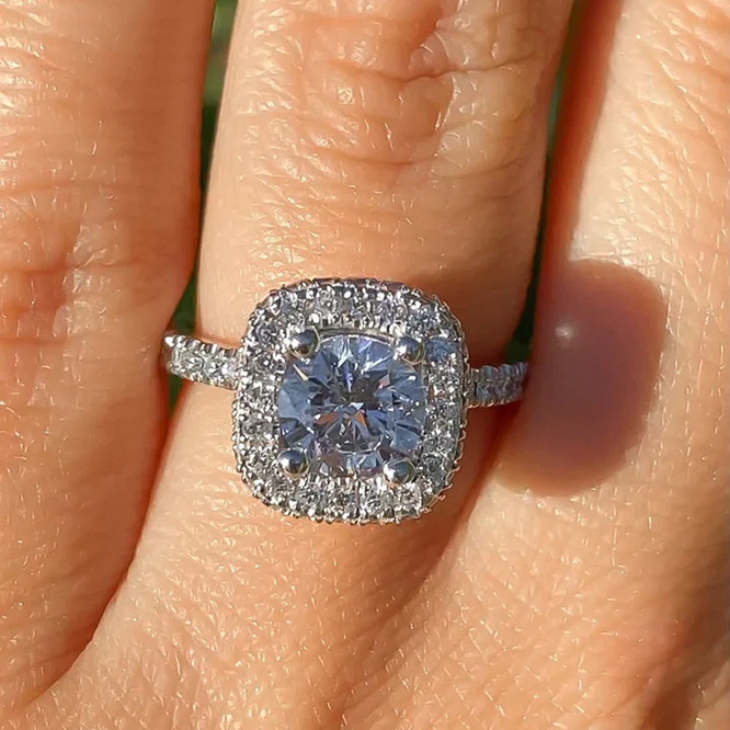 3CT Round Cut Moissanite Halo Setting Engagement Ring 14k White Gold Plated