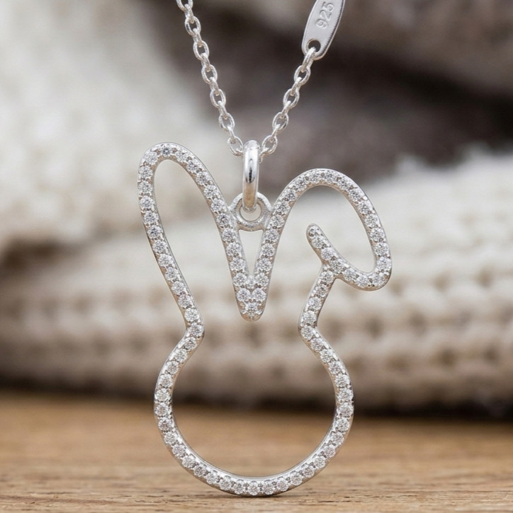 1.5ct Round Simulated Diamond Rabbit Outline Pendant Charm 14k White Gold Finish