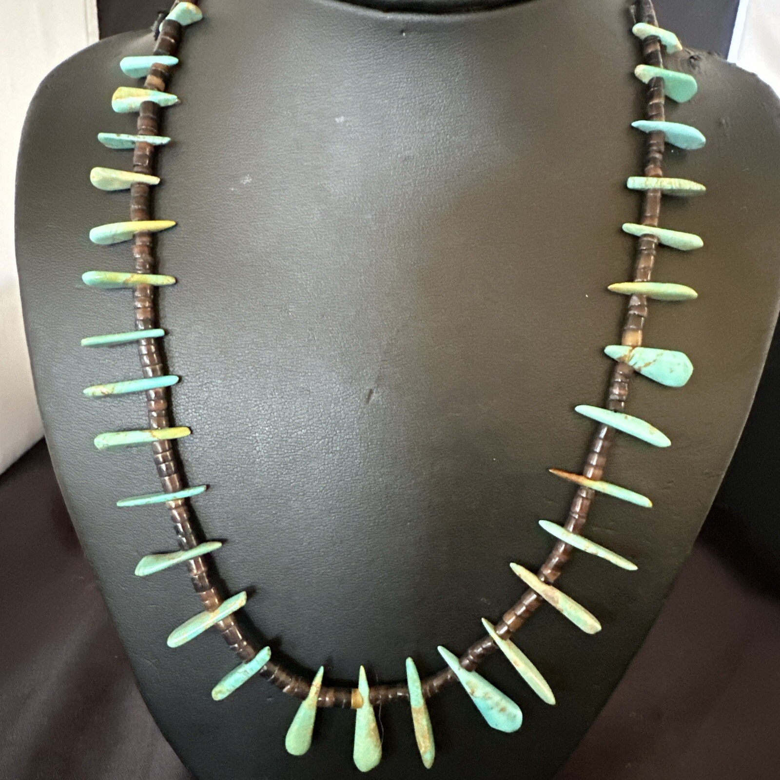 Native Green Turquoise Bone Bead Navajo Sterling Silver Necklace 20″ 17636