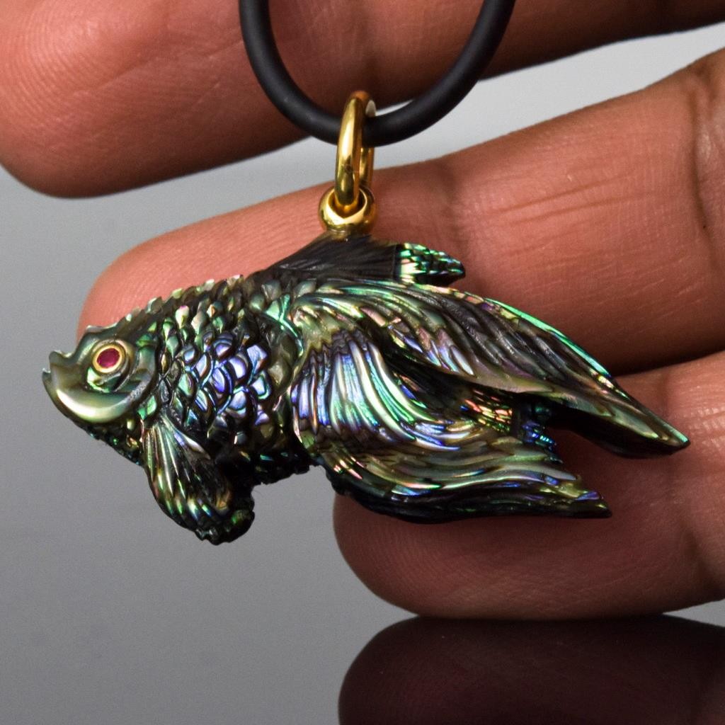 Gold Fish Pendant Carved Abalone Shell Gold Vermeil Sterling Silver Ruby 9.71g