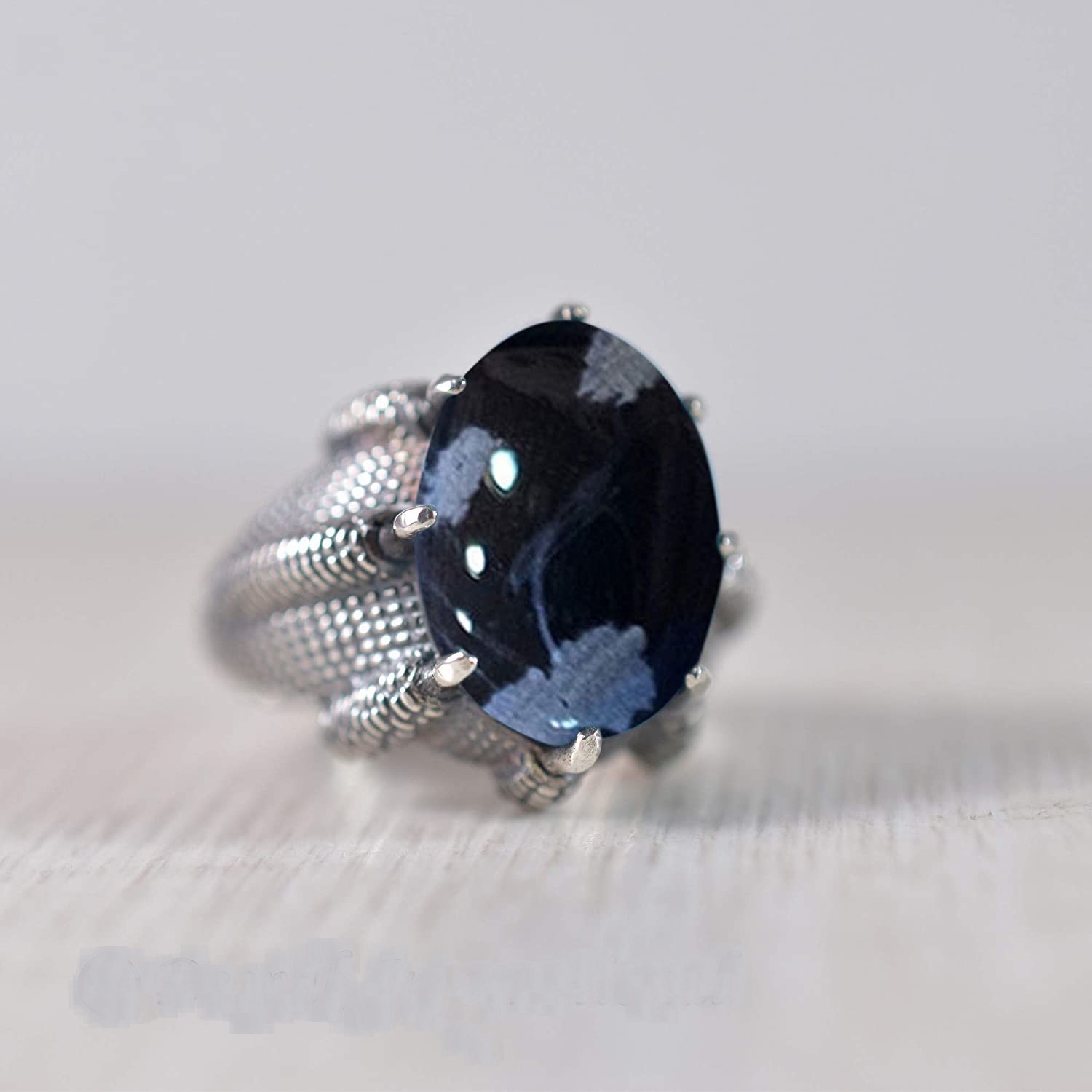 Solid 925 Sterling Silver AA Snowflake Obsidian Oval Gemstone Men’s Unisex Ring