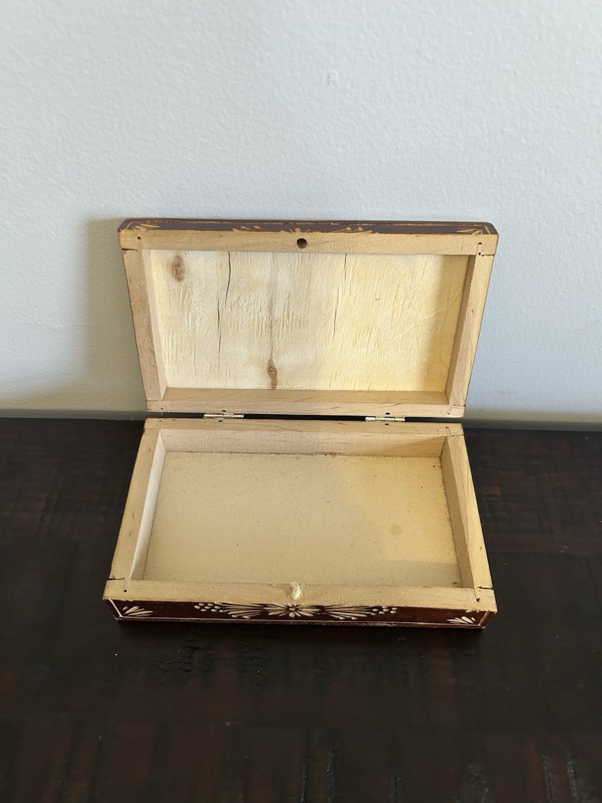 Vintage Hand Carved Wooden Jewelry Box Likely From Mid 20th Century