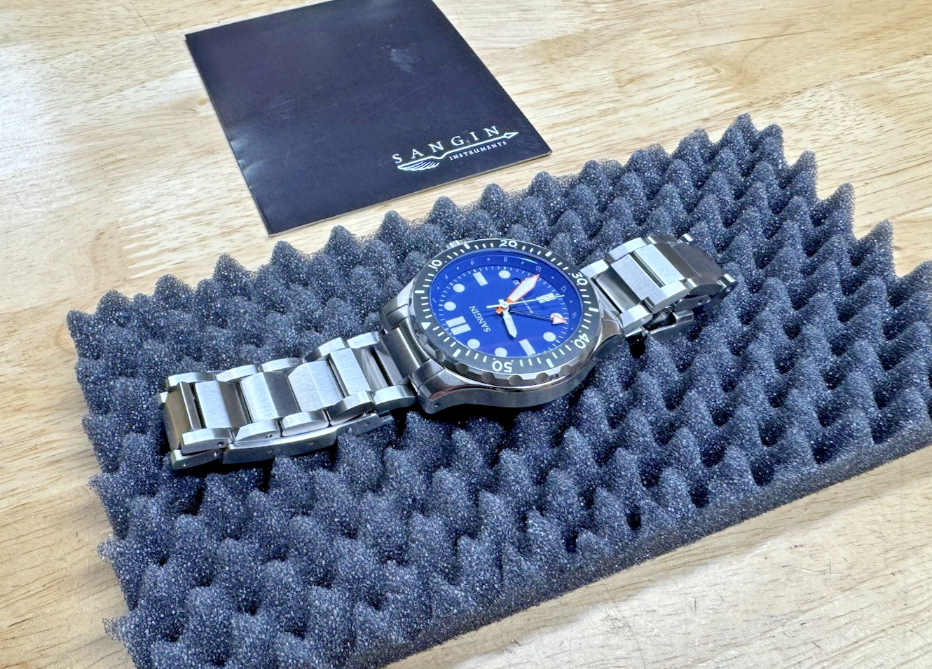 Sangin Professional Sea Blue Watch Brushed Rare Diplomat Bracelet Box Docs SOCAL
