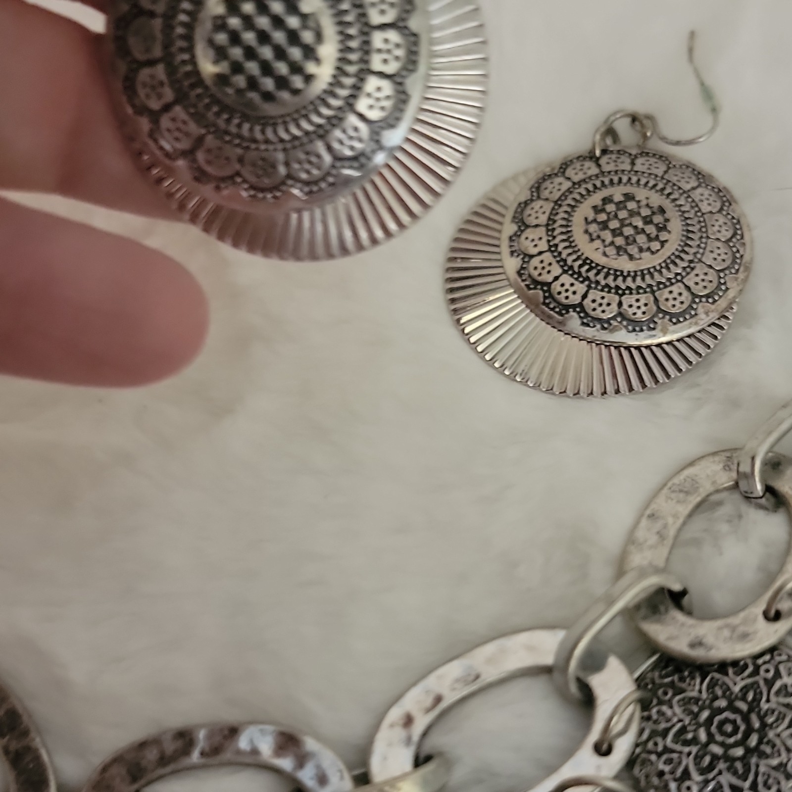 Silver Floral Medallion Embossed Charm Necklace with Matching Earrings