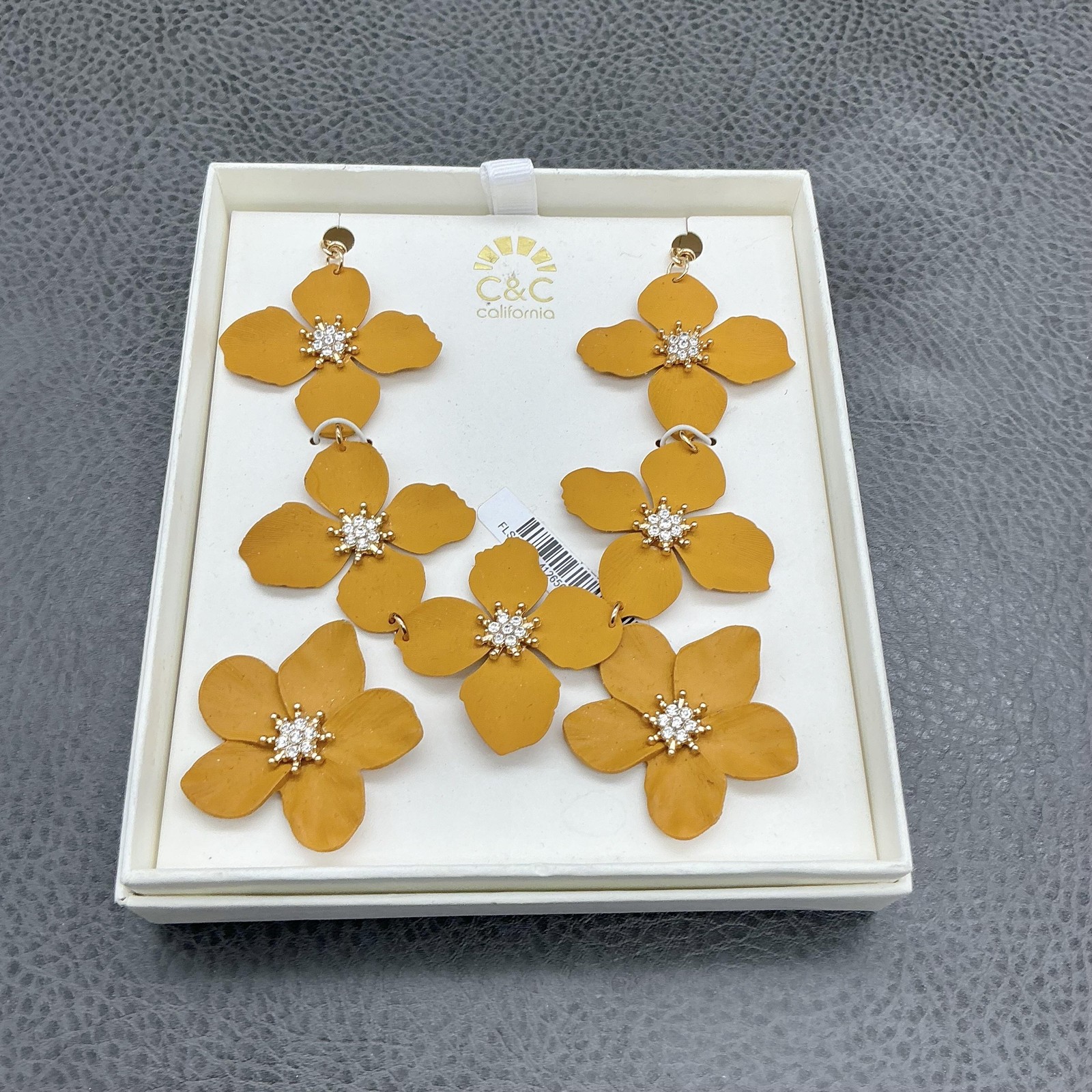 C&C California Necklace Earrings Flower Dangle Stud Mustard Yellow Rhinestone
