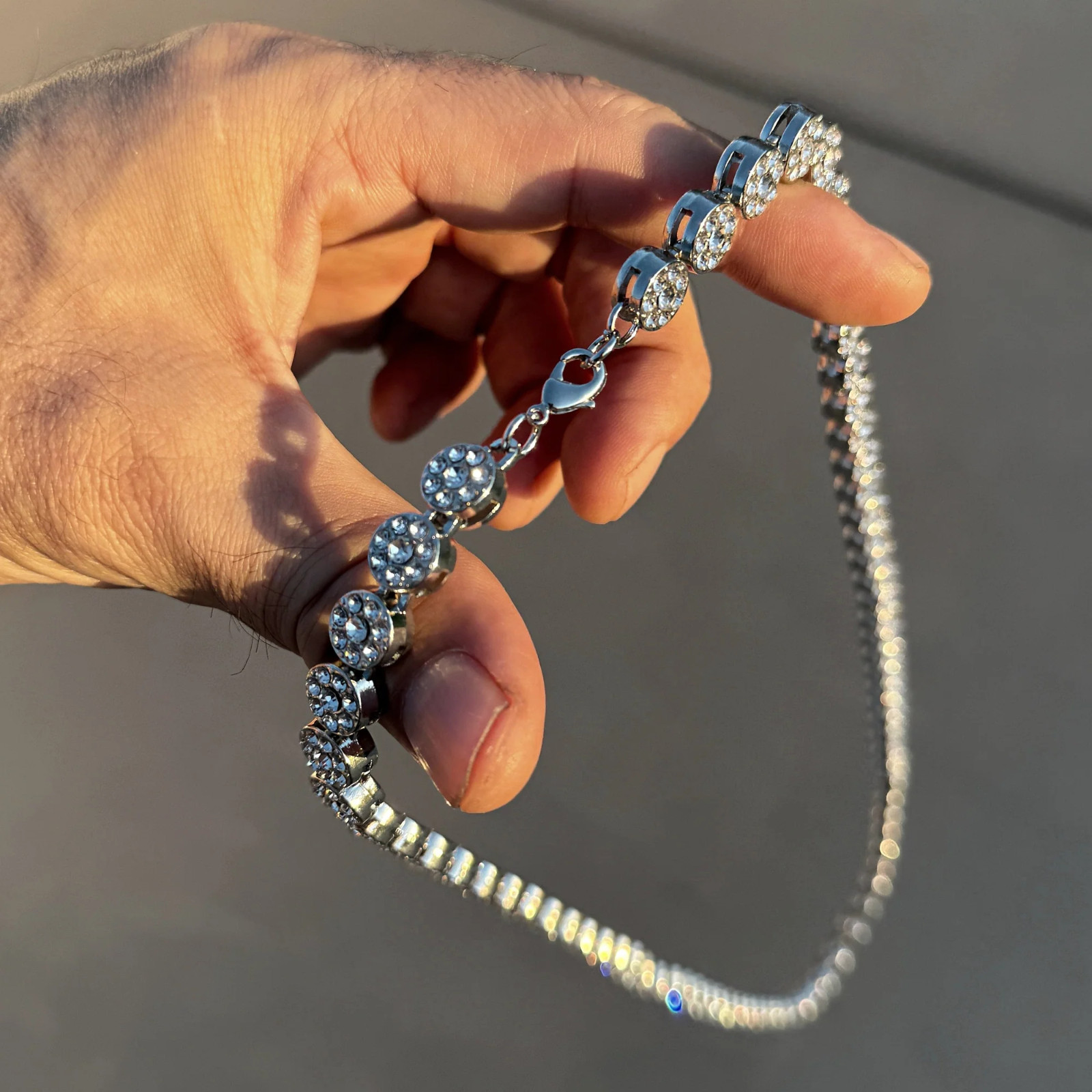 Men’s Flower Cluster Chain Simulated CZ Iced Flooded Out One Row Silver Tone 36″