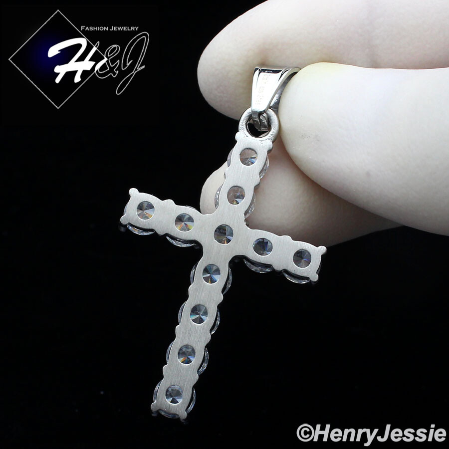 18-36″MEN Stainless Steel 3mm Silver Box Link Necklace ICY CZ Cross Pendant*P127