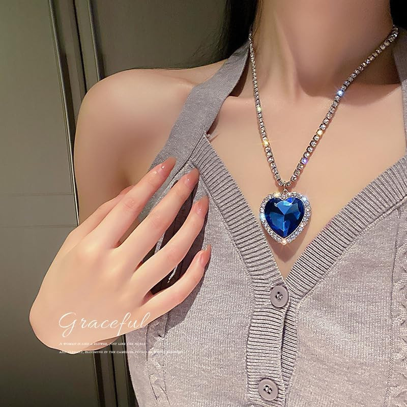 Titanic Heart the Ocean Simulated Blue Sapphire, Silver Necklace Pendants Jewelr
