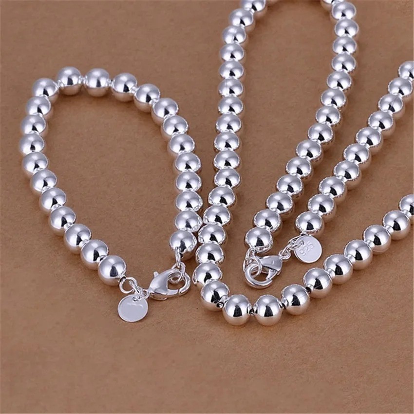 925 Sterling Silver 8MM Smooth Hollow Beaded Ball Bracelet Necklace Jewelry Set