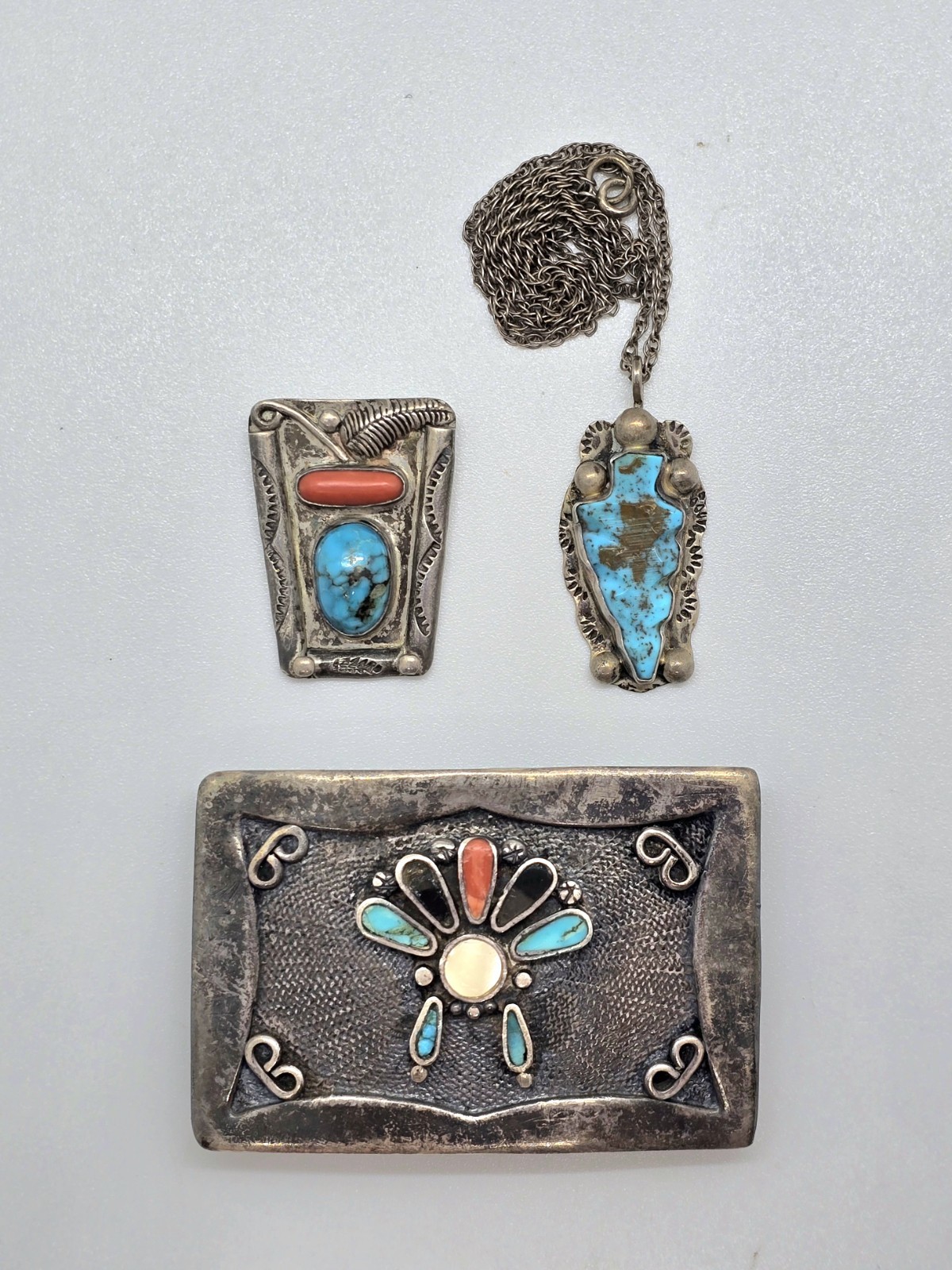 Vtg 1970s Navajo Sterling Silver Turquoise Coral Buckle Pendant Set Signed Begay