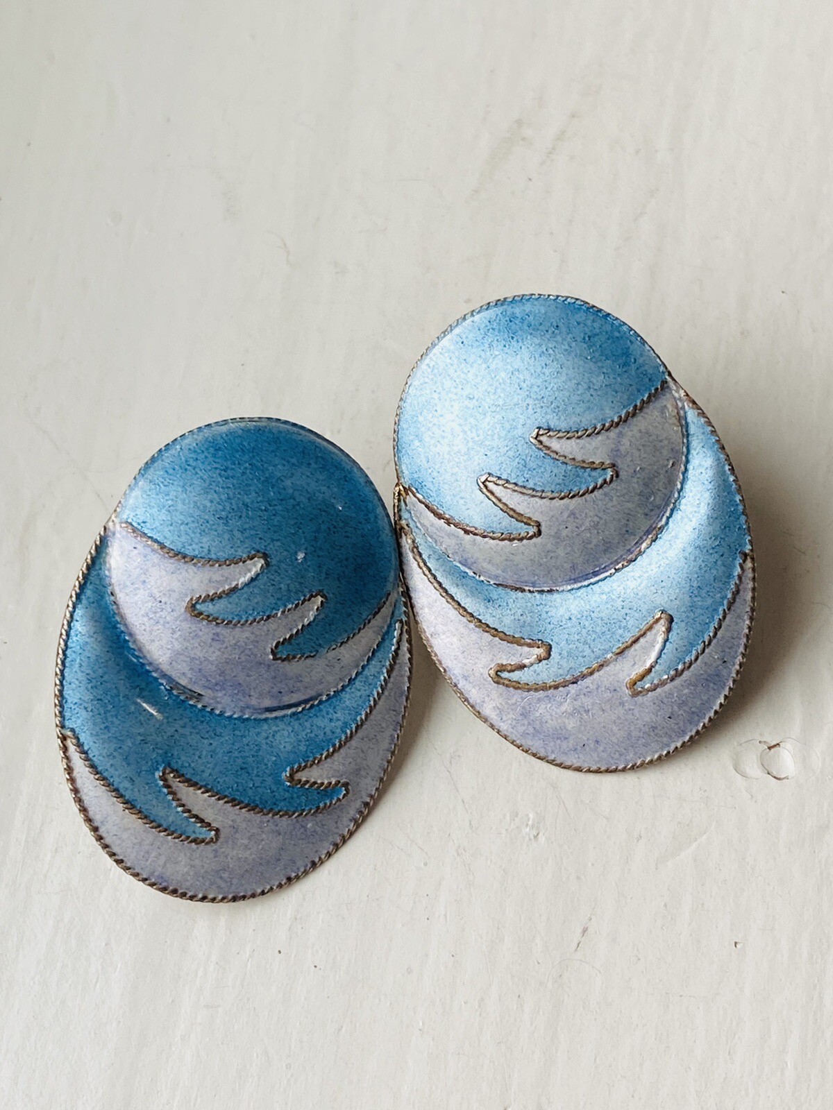 Vintage Chinese Export Gilt Sterling Silver Enamel Blue Waves Oval Earrings