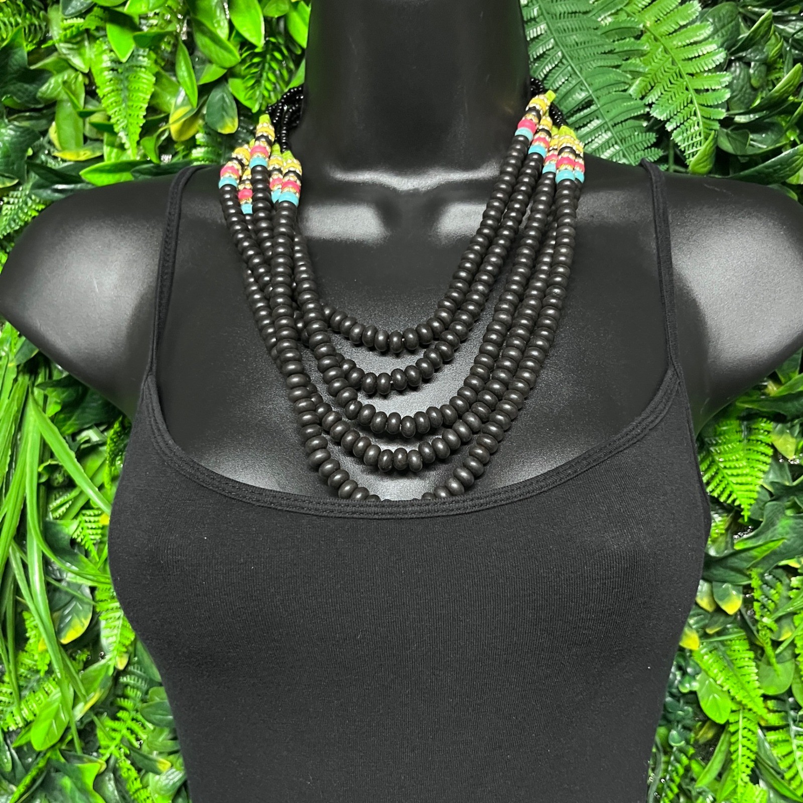 Multi Strand Beaded Necklace Black Pink Green Blue Statement Adjustable 3817