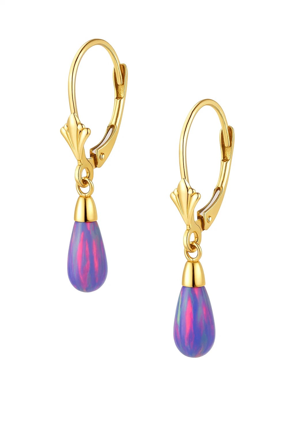 14k-Yellow and White Gold Dangle Purple Opal Leverback Earrings