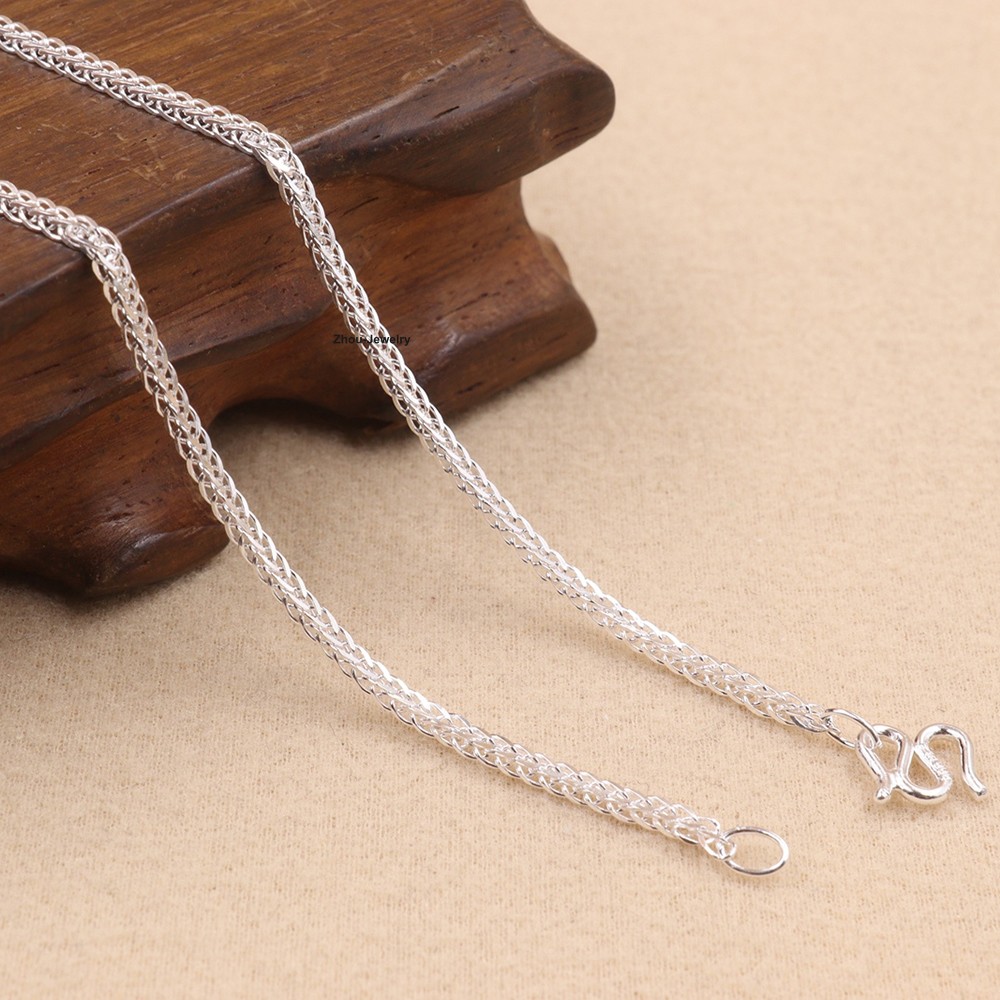 Real S999 Fine Silver Necklace 1.8mm Wheat Link Chain for Women 17.7inch