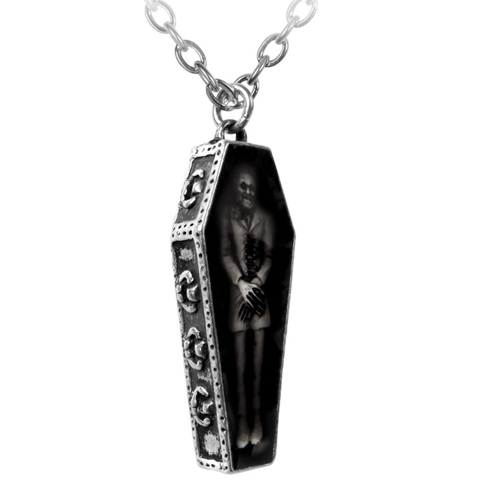 Alchemy Gothic Nosferatu’s Rest Vampire Pewter Coffin Pendant Necklace Goth P183