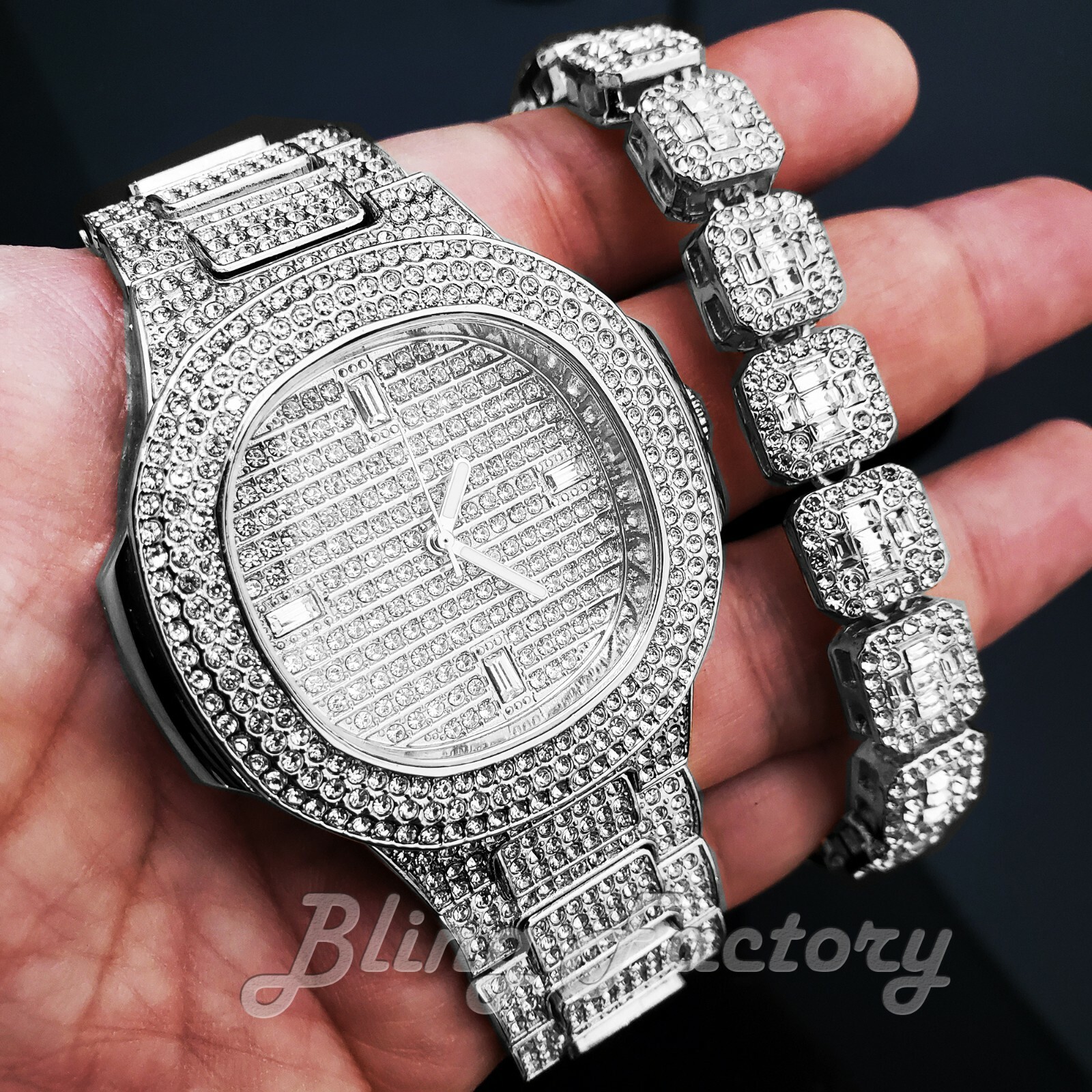 MEN’S HIP HOP SILVER PLATED ALLOY WATCH & ICED CUBIC ZIRCONIA BLING BRACELET