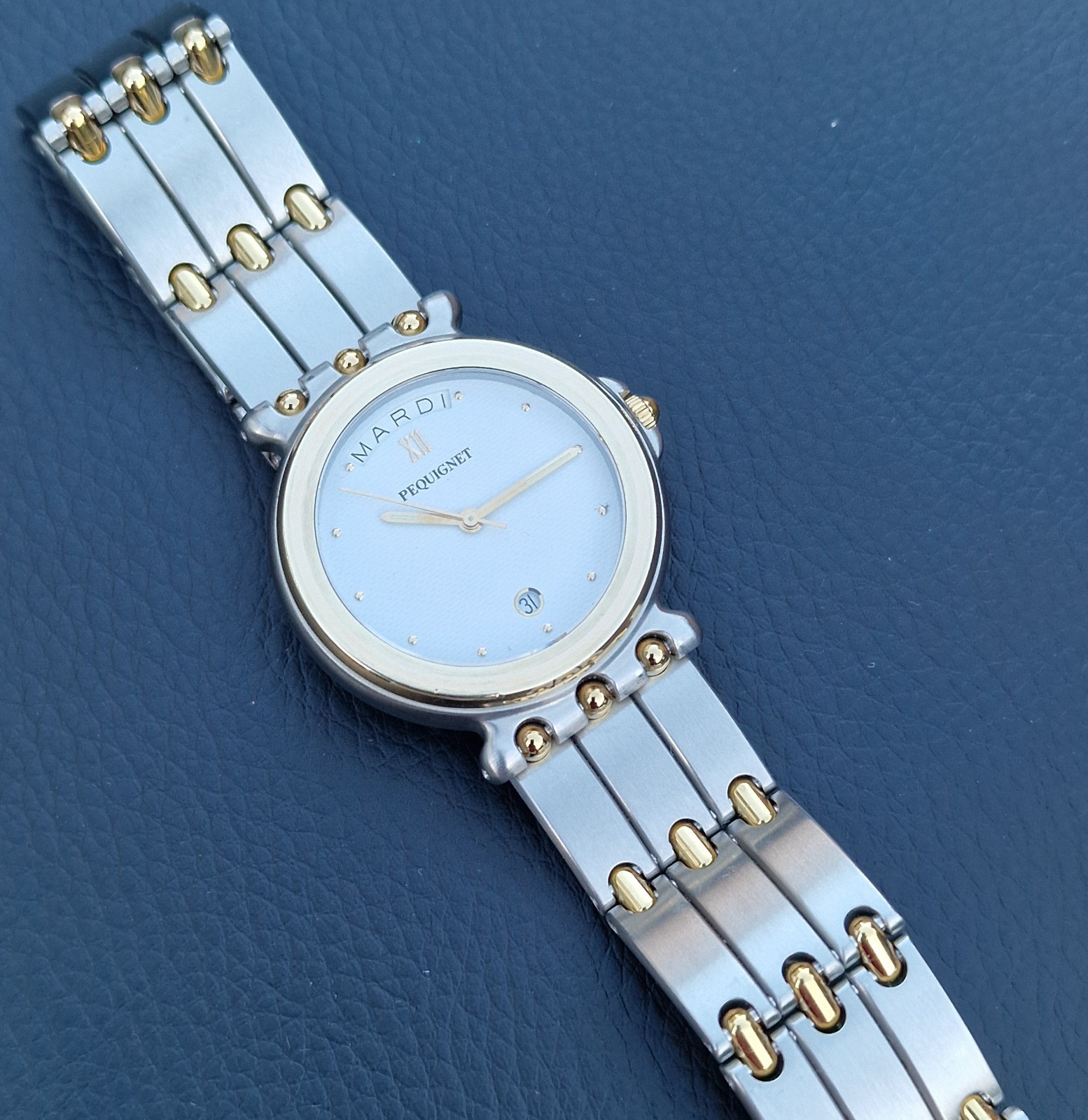 Gents EMILE PEQUIGNET Morea Date & Day Quartz watch, Box and papers, 33mm.