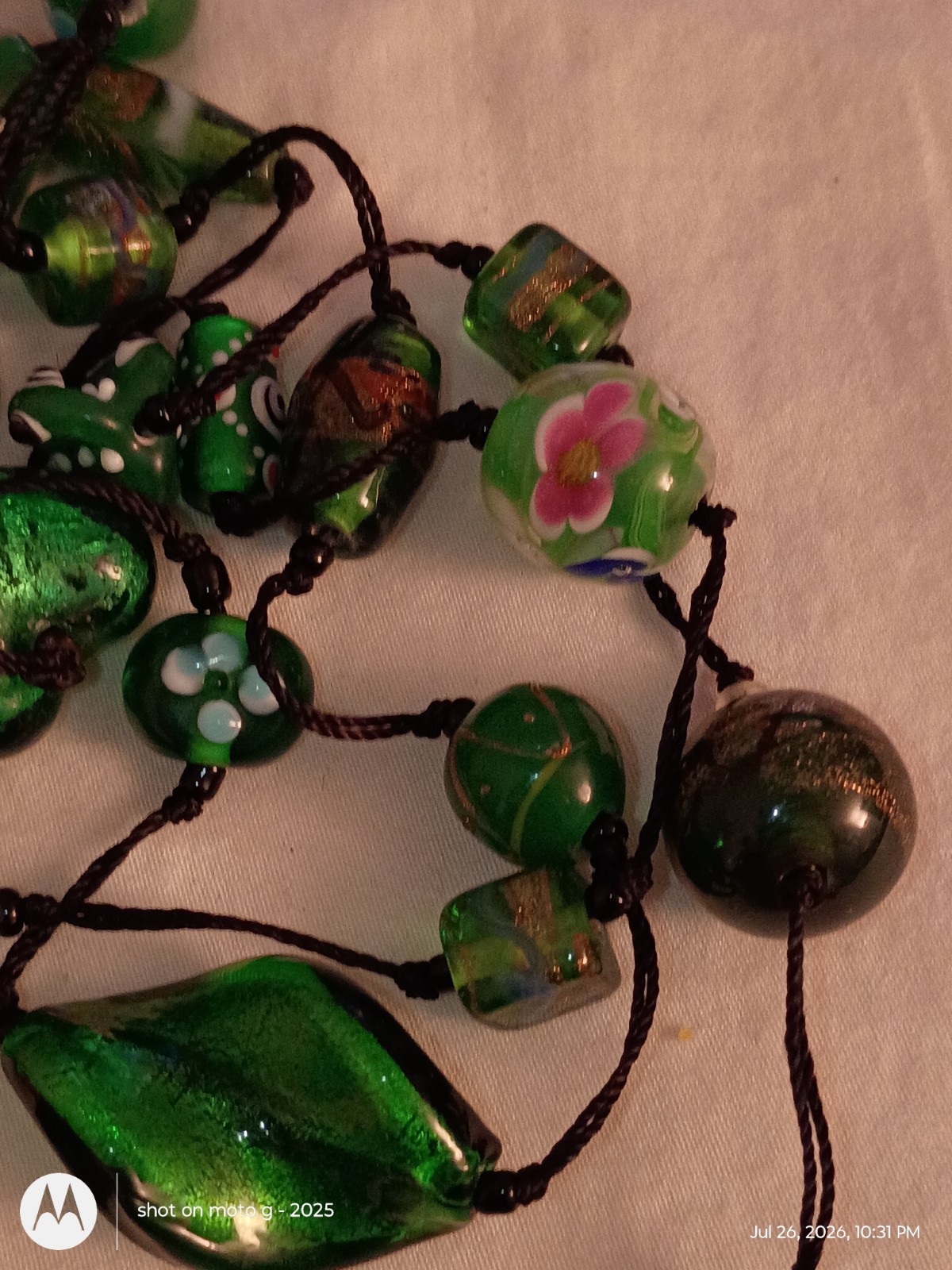 Vintage Green Glass Beaded Necklace Black Cord Chain Approx. 29-30 in