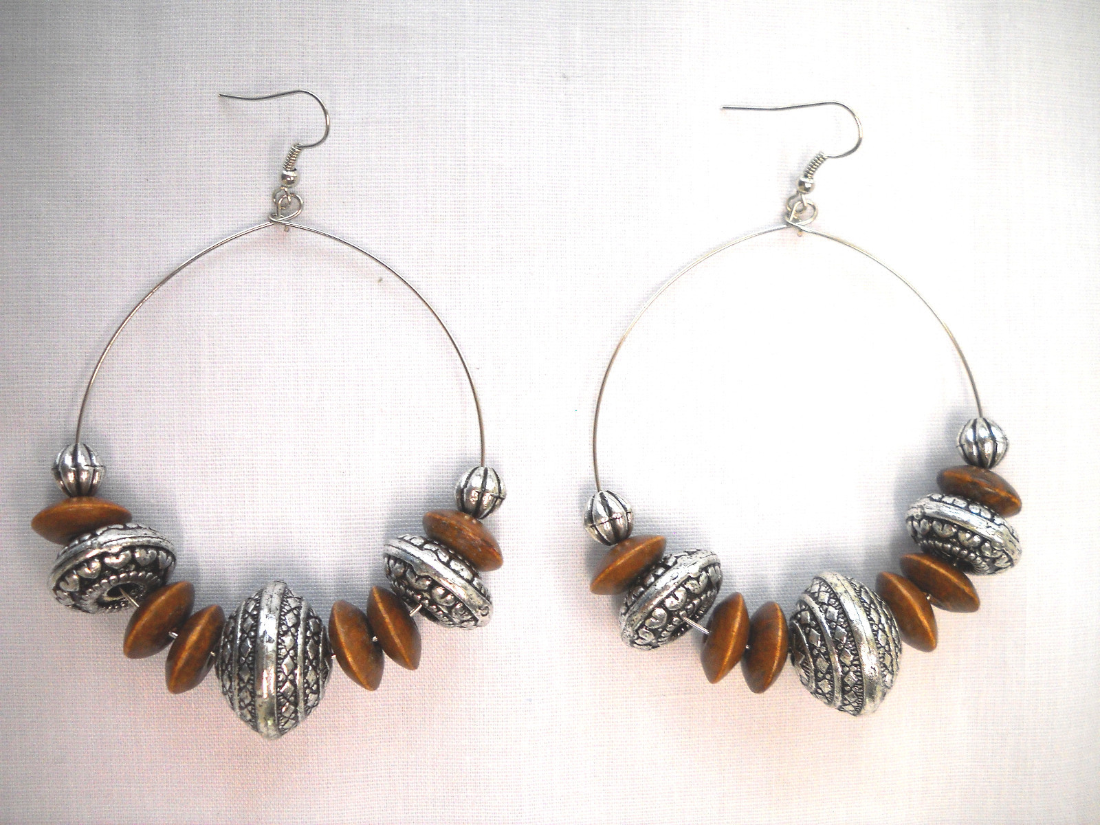 Bohemian Brown Wood and Antique Alloy Beaded Hoop XL Ethnic Fashion Earrings