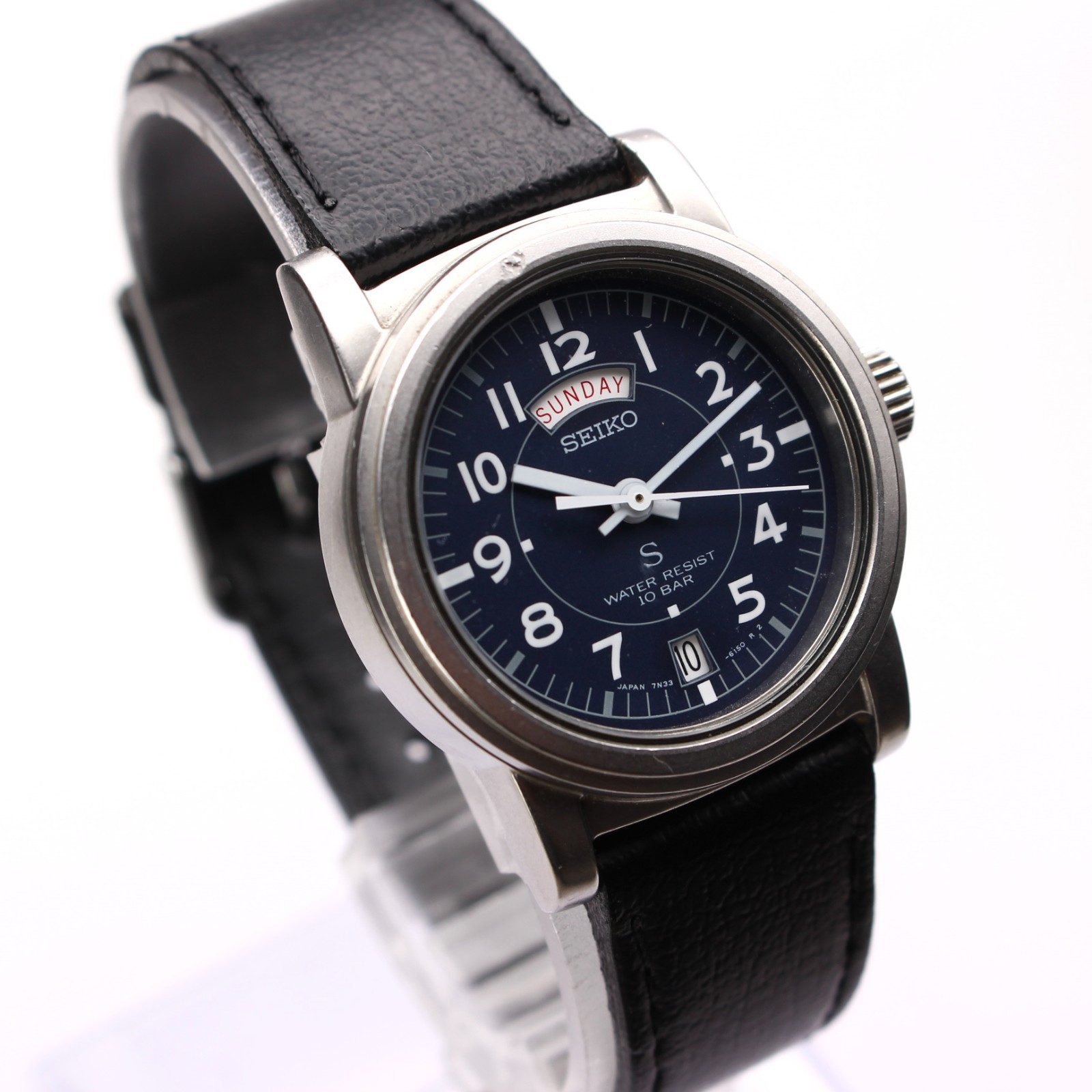 SEIKO SUS 7N33-6050 Men’s Watch Quartz Military Navy Dial 32mm 90s Vintage Japan