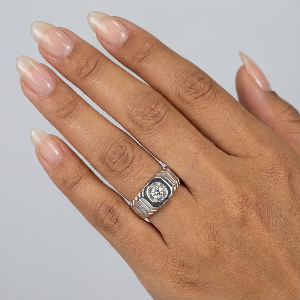 Single Stone Mens Ring 14K Gold Classic Round 0.36 Carat Natural Diamond E SI1