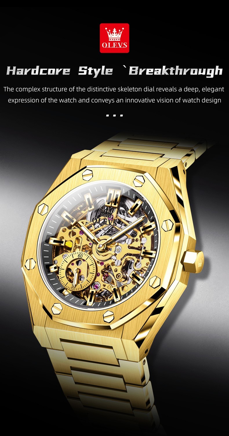 OLEVS 6669 Classic Multi-functiom Rhinestone Hollow Out Gents Mechanical Watch