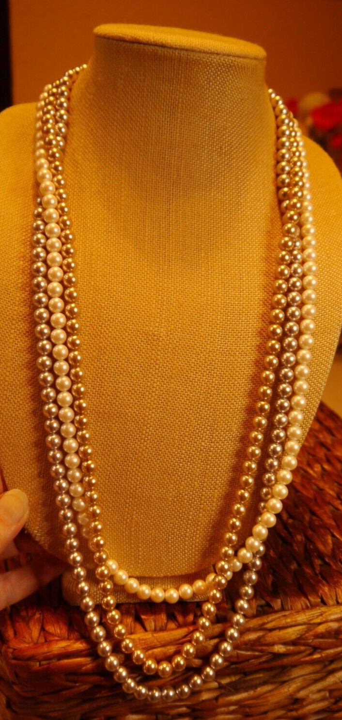 Monet Necklace Faux Pearl Gray Cream Champagne Triple Strand Ornate Box Clasp