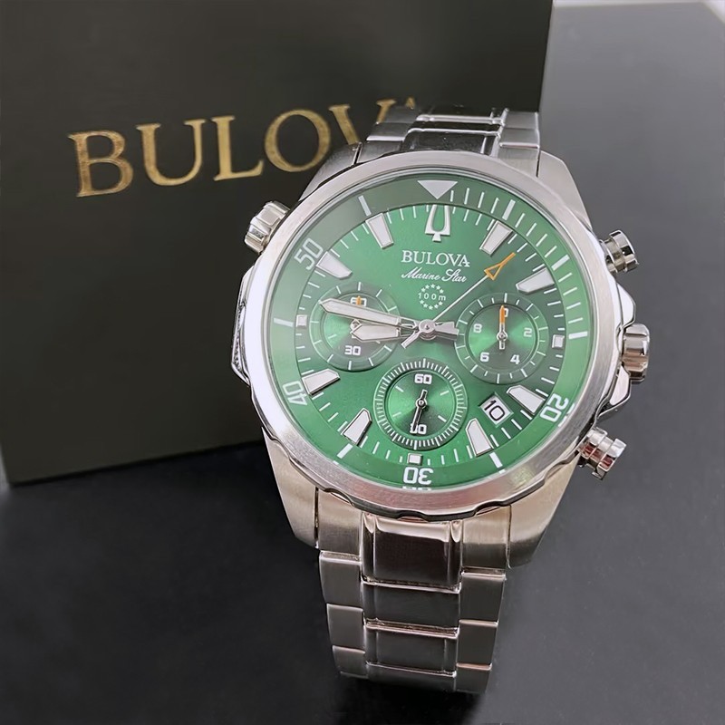 Bulova Men’s Marine Star 96B396 Green Dial Quartz Chronograph Watch 43MM
