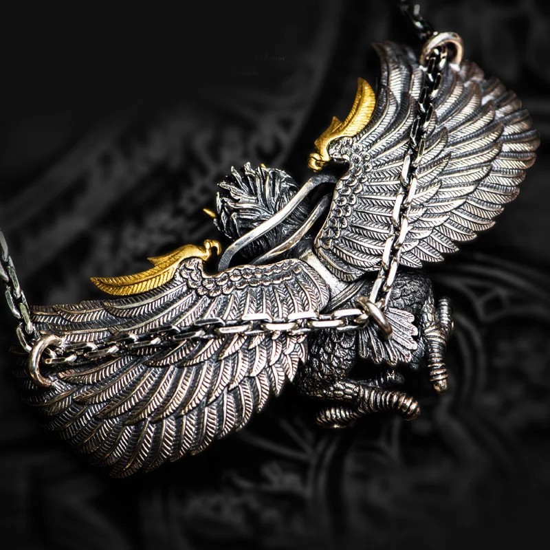 S925 Sterling Silver Golden Winged Bird Tibetan Amulet Pendant Necklace Unisex