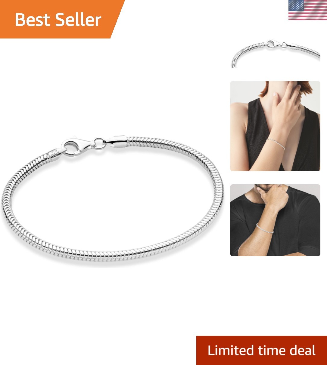 Italian 3mm Snake Chain Bracelet in 925 Sterling Silver – 8 Inch Unisex Elegance
