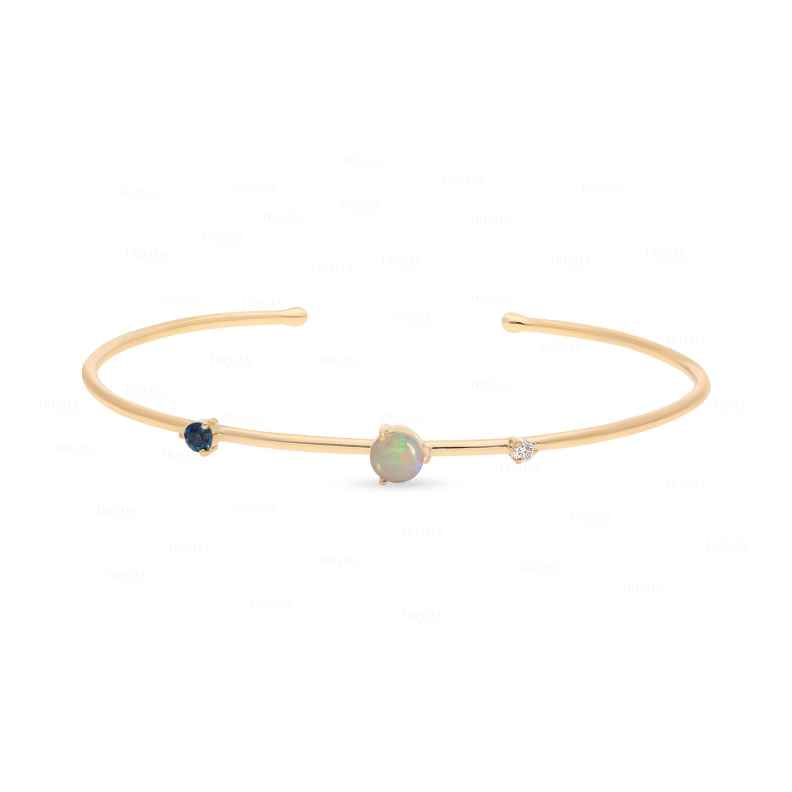 14K Gold Diamond & Blue Sapphire Open Cuff Bracelet, Customizable Center Stone