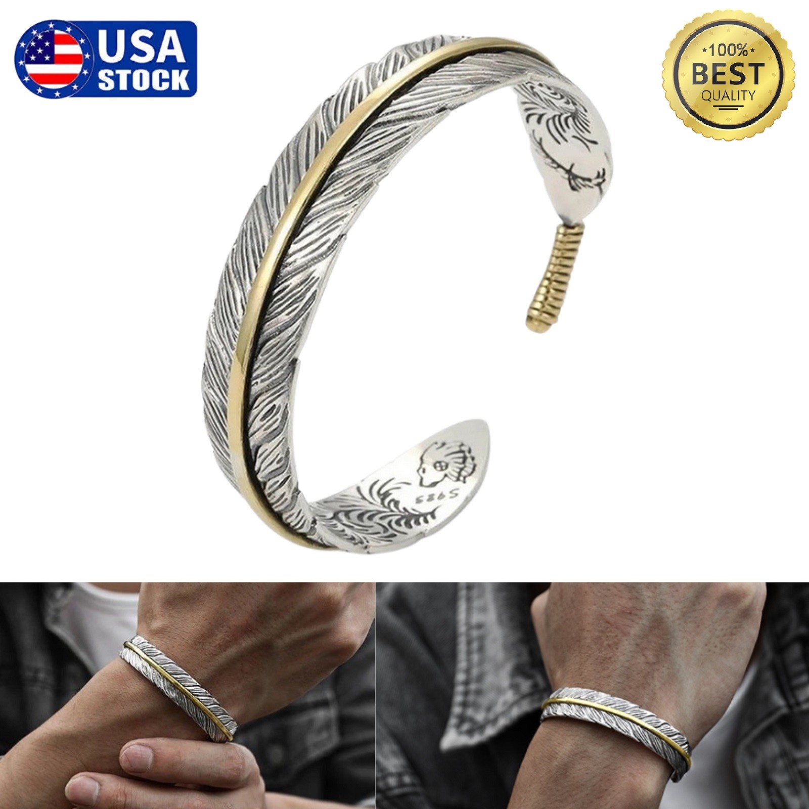 Men’s Silver Feather Adjustable Bangle Cuff Bracelet Fashion Retro Jewelry USA