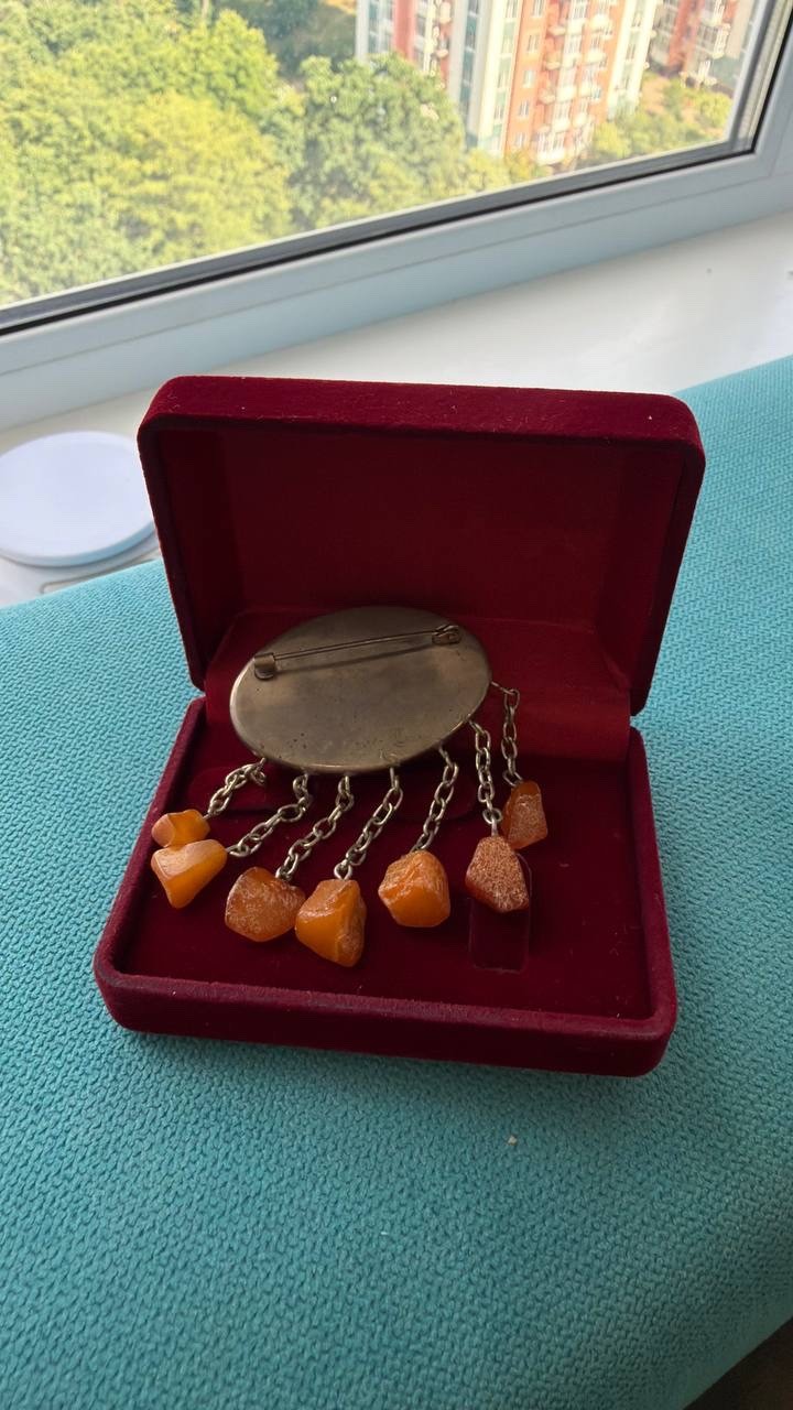 Vintage USSR Baltic Amber Mosaic Brooch Dangle Natural Amber 22g Rare