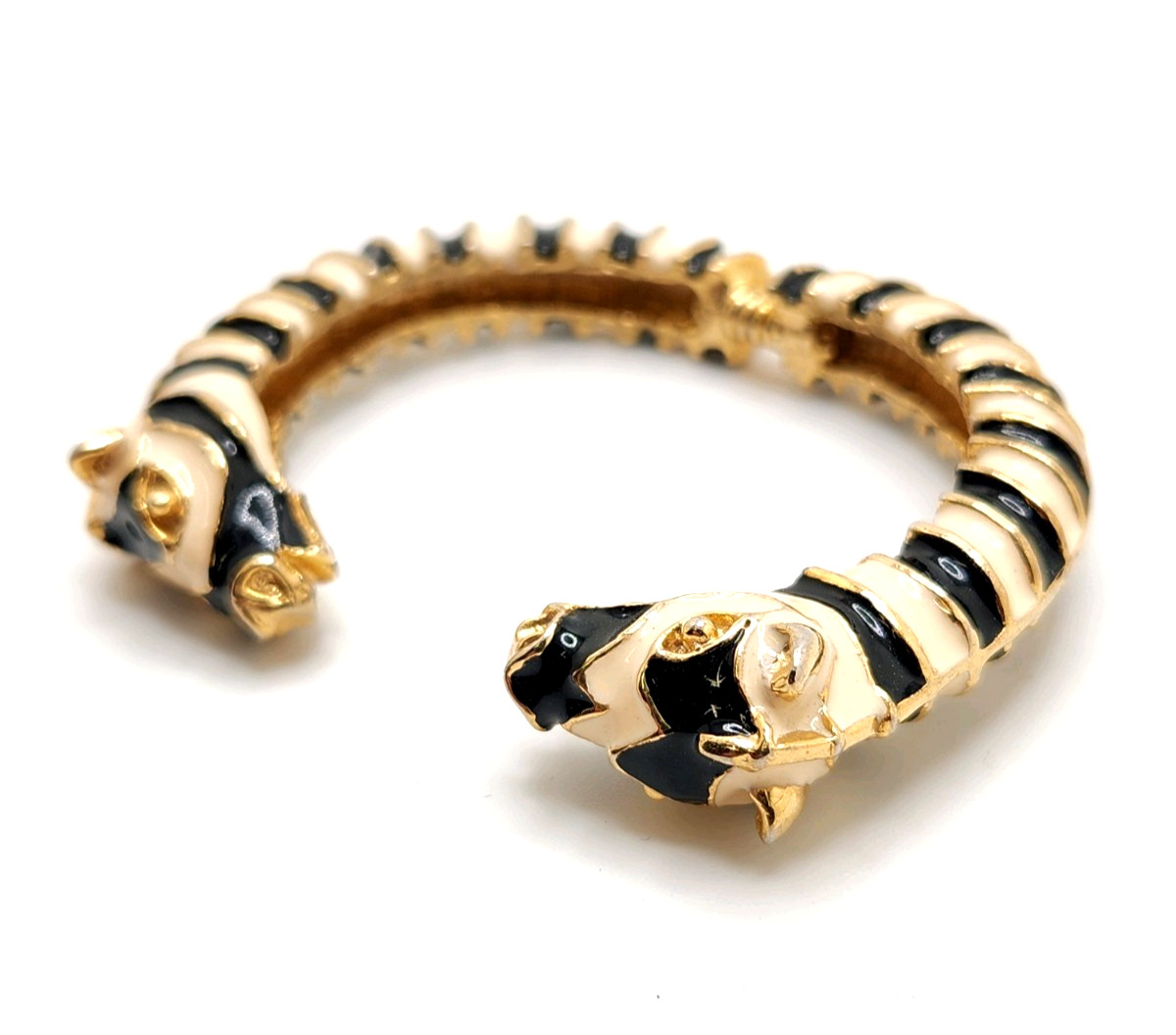Kenneth Jay Lane Black & Cream Double Zebra Head Enamel Hinged Cuff Bracelet, 6″