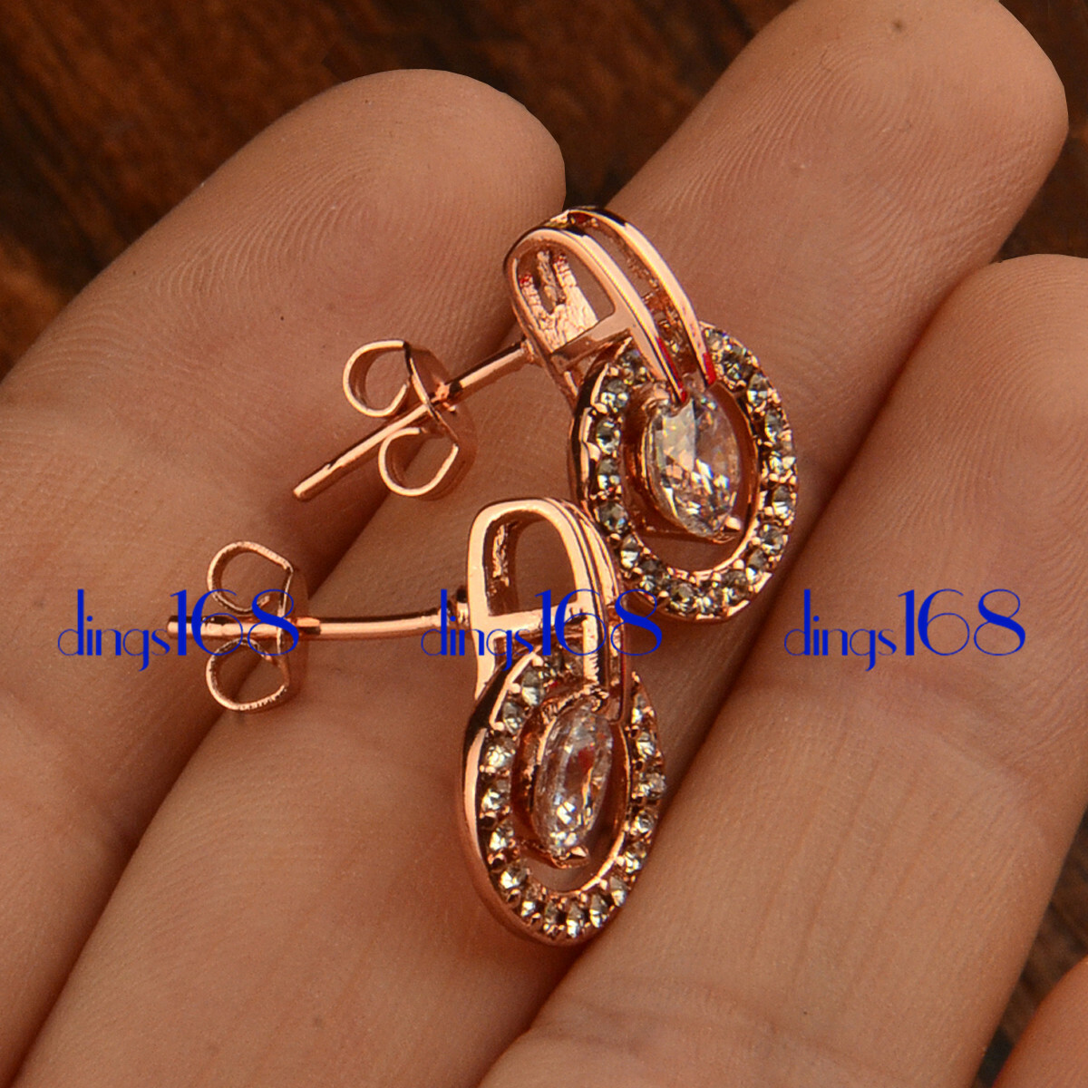 18K Rose Gold Filled Double Circle Round Crystal Micropave Stud Post Earring HG4
