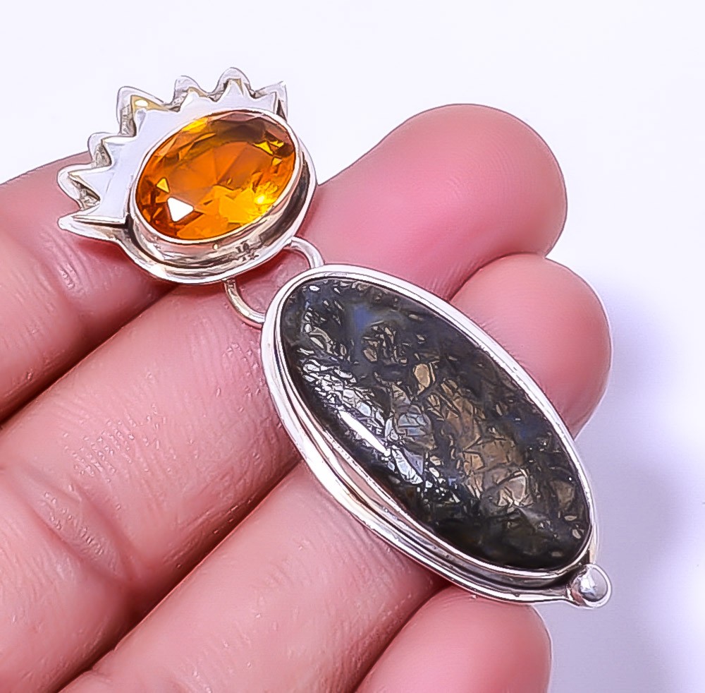 Marcasite – Callahan Mine & Citrine 925 Sterling Silver Pendant 2.34″ A330
