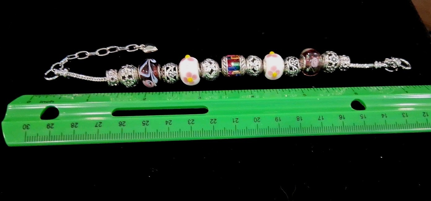Silvertone 7.5″European CharmBracelet:Floral,Purple&Multicolor Rhinestone Charms