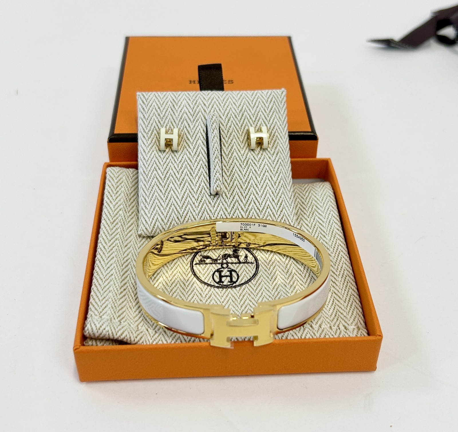 Hermès Mini Pop H Earrings & Clic H Bracelet Blanc White Gold Plated Set NEW