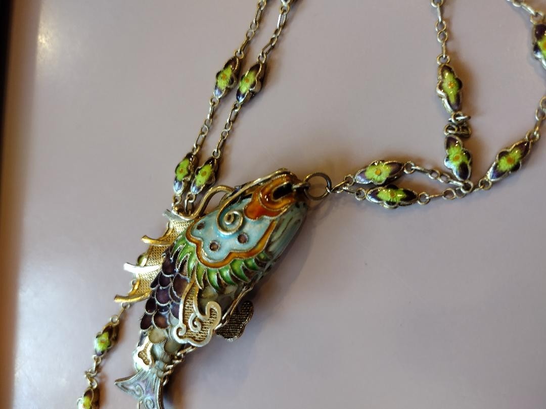 Vtg Chinese Koi Fish Necklace Silver Cloisonne Enamel Articulated Ships Free
