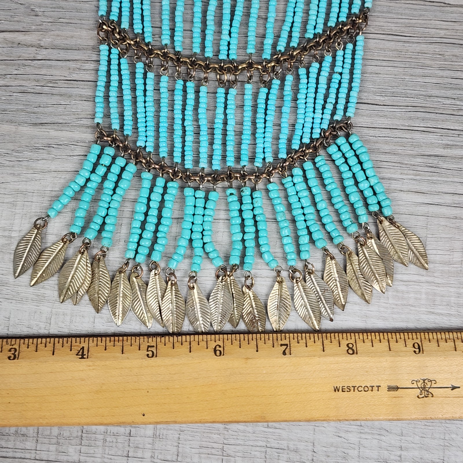 Vintage Turquoise Seed Bead Fringe Bib Necklace Leaves Charms Boho Tribal