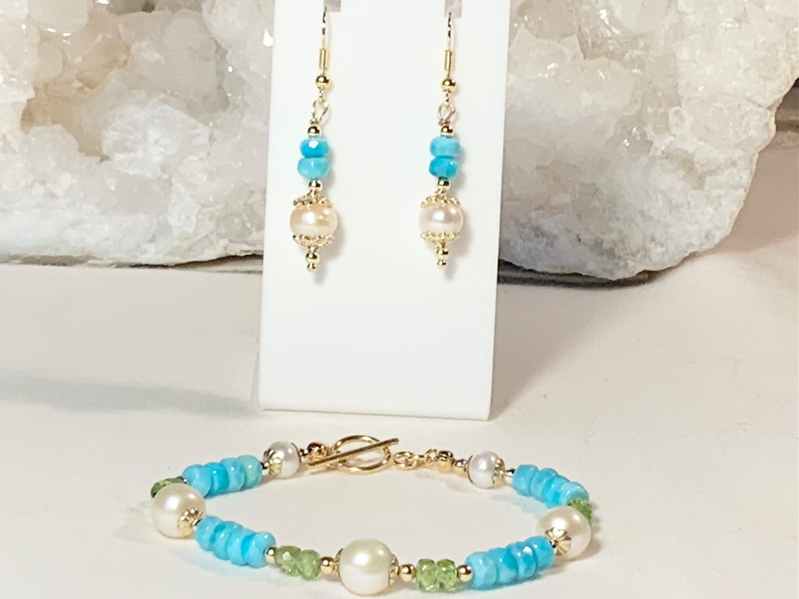 14k GOLD FILLED BLUE PERUVIAN OPAL PEARL PERIDOT BRACELET & EARRINGS SET