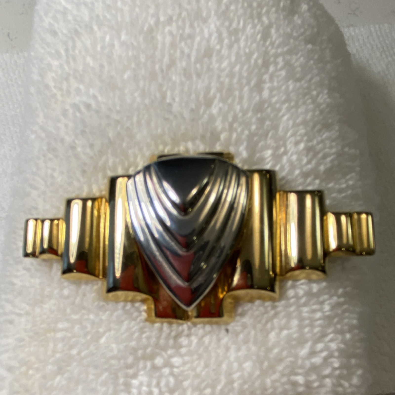 Art Deco Geometric Shield Brooch Pin Gold Silver Black Tone Metal No Stone