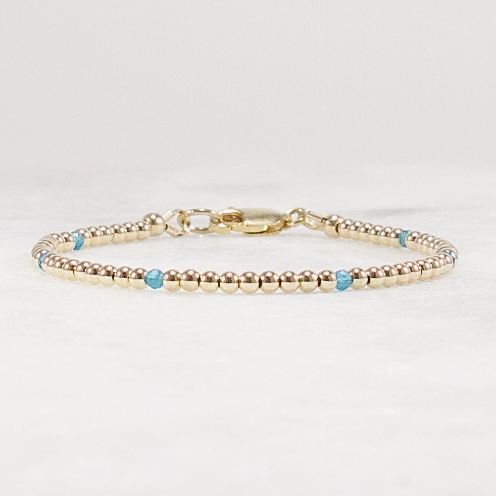 Gold and Apatite Beaded Bracelet, 14k Gold Filled, Neon Blue Apatite