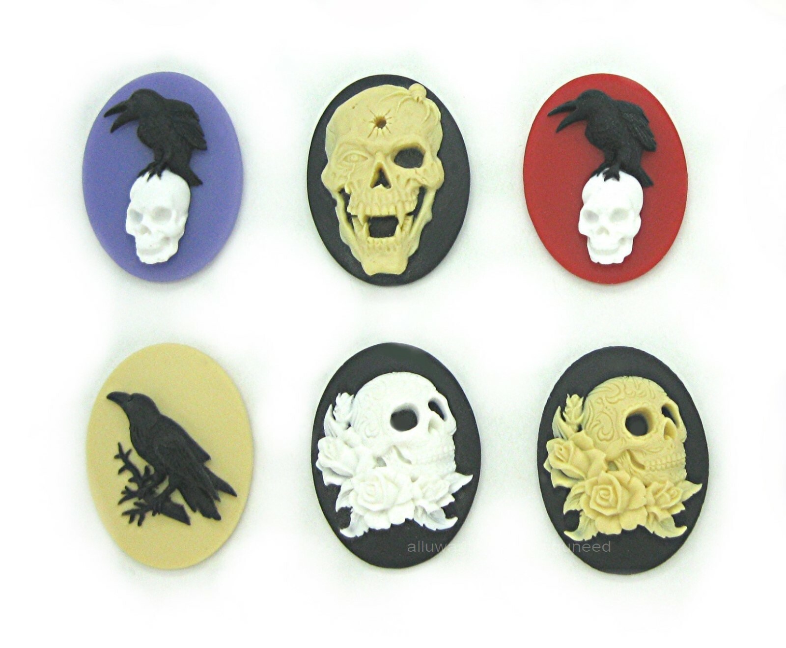 15 Multi Color BLACK BIRD CROW RAVEN & SKULLS 40mm x 30mm GOTH EMO CAMEOS Lot