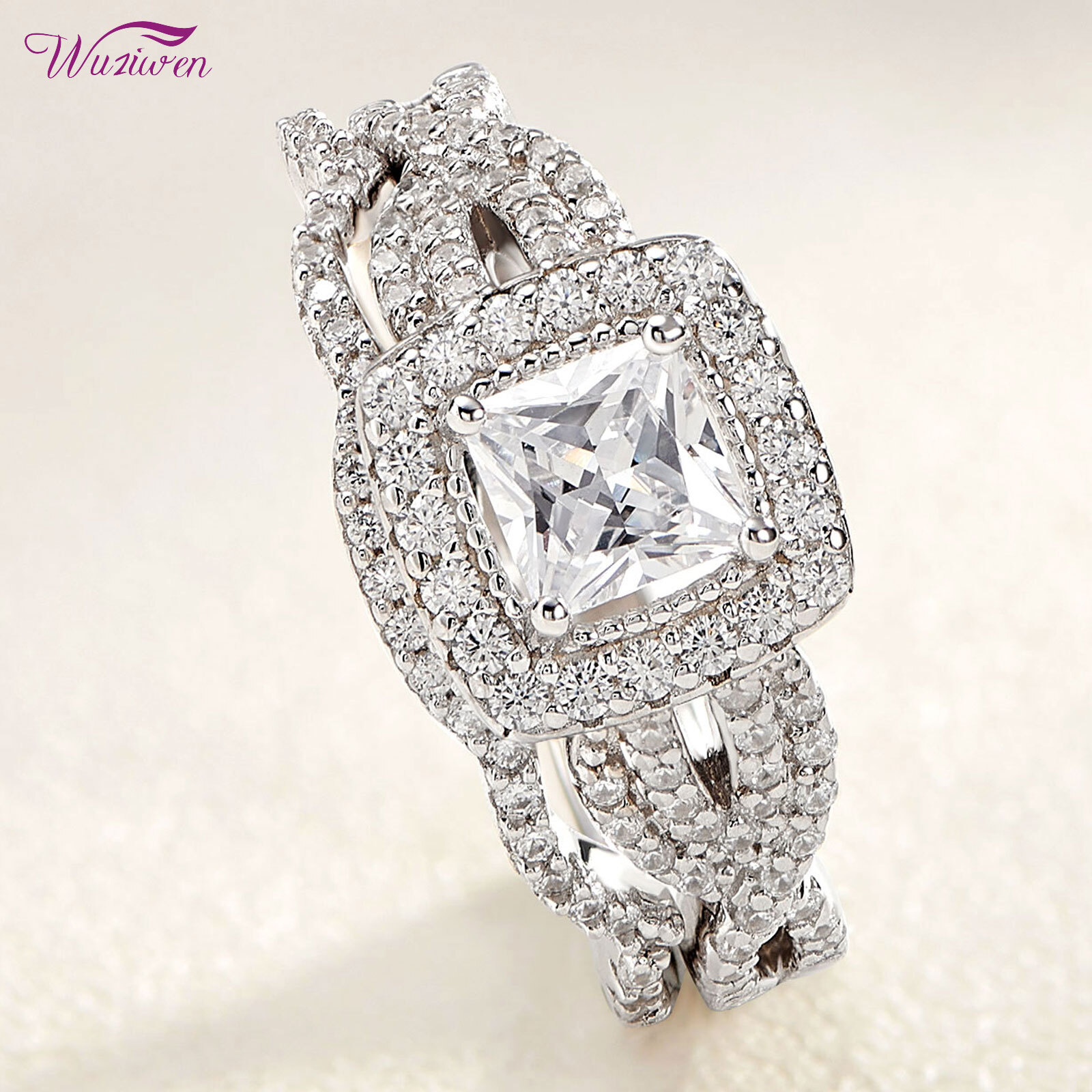 Wuziwen Halo Women Wedding Engagement Ring for Women Princess CZ Sterling Silver