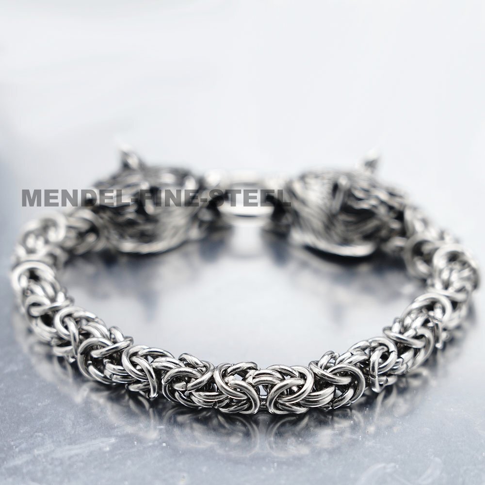 MENDEL 6-8 inch Mens Stainless Steel Norse Viking Fenrir Wolf Head Bracelet Men